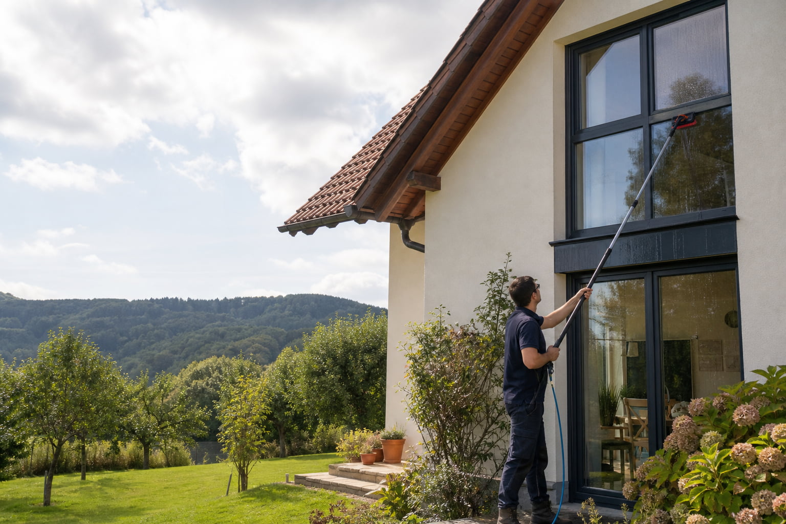 Professionelle Fensterreinigung an einem Wohnhaus